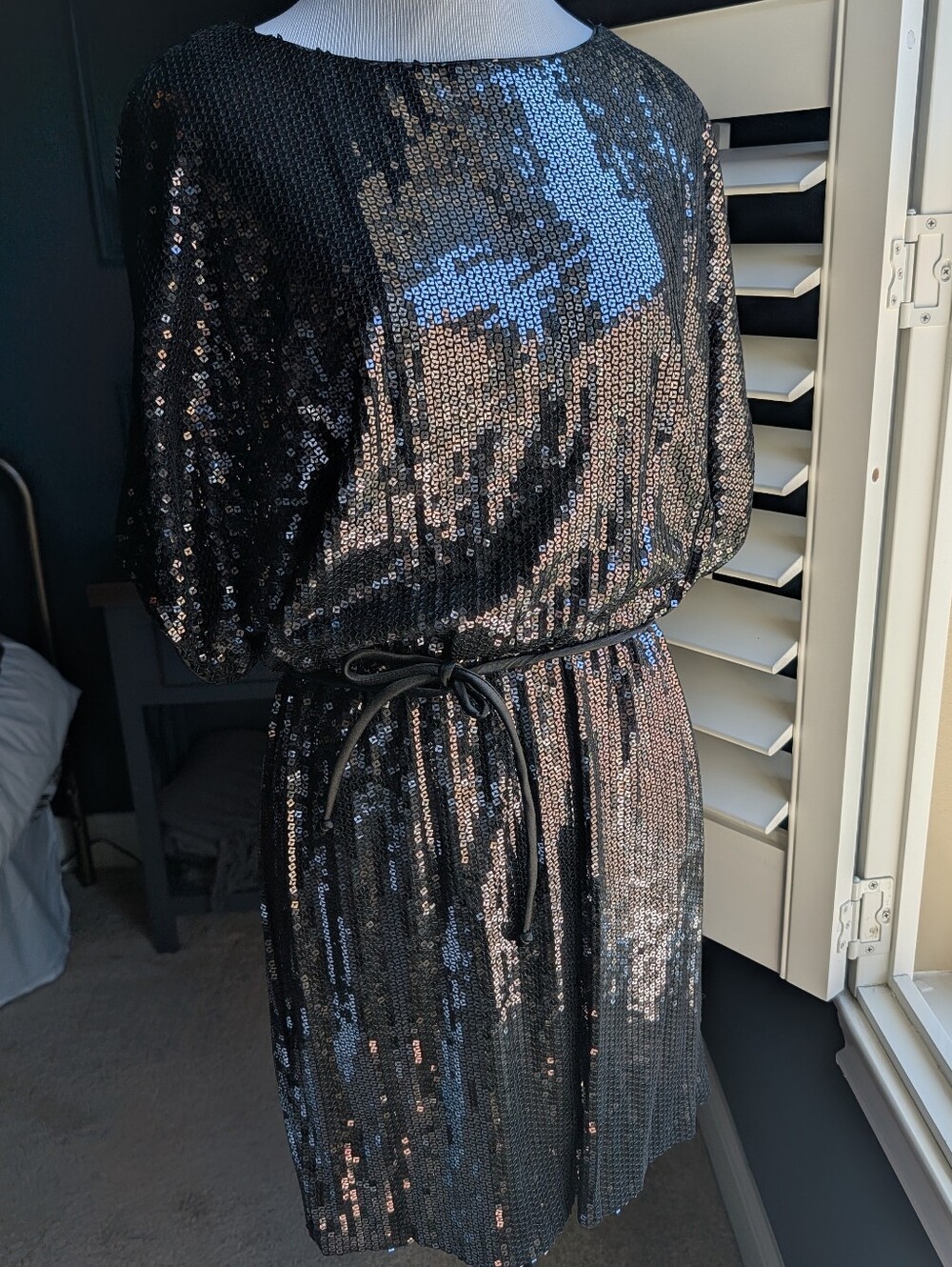 Cache Black Sequined Belted Dress